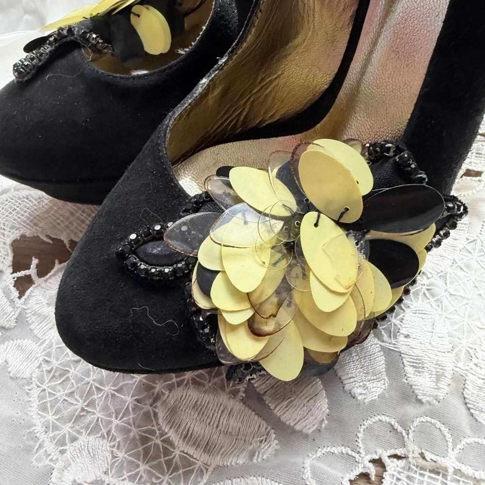 Y2K Just Cavalli Black Suede Floral Sequin Platform Pumps Heels Italy Size 35
